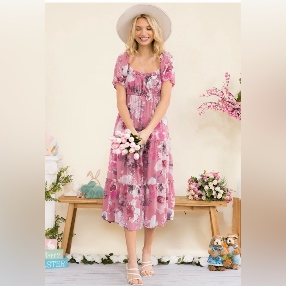 WOMEN'S SHORT SLEEVE SQUARE NECK ELASTIC WAIST FLORAL PRINT MIDI DRESS - Picture 4 of 9